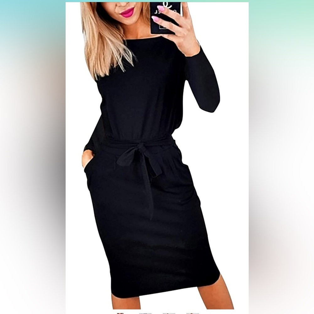 PrettyGarden Black Long Sleeve Tie-Waist Dress - Classic Style Sz M